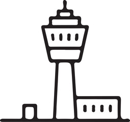 Black and white line art icon of an airport control tower with buildings air traffic control aviation