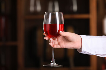 Bartender hand with glass of red wine in pub