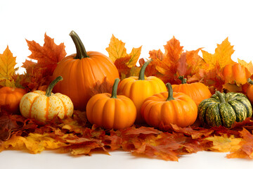 Vibrant Arrangement of Various Pumpkins Surrounded by Autumn Leaves Celebrating Harvest Festival
