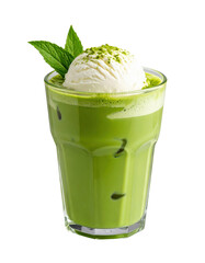 Iced matcha in clear cup with melting ice cream on top PNG