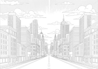 Detailed black and white sketch of a grand city street lined with towering skyscrapers under a cloudy sky