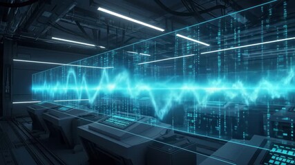 Futuristic server room featuring digital binary data stream, technology, and glowing waveform. Shows advanced science and computing in a high tech setting. - Powered by Adobe