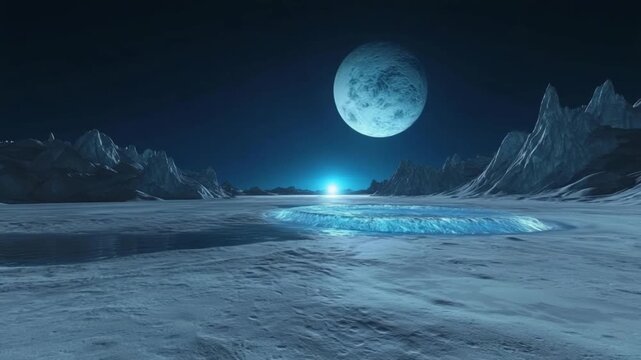 Mysterious blue alien planet landscape with fantasy moon in space over serene, frozen ice world at night. Glowing horizon
