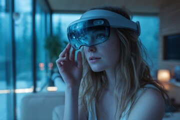 A woman wearing a virtual reality headset immersed in a digital world.