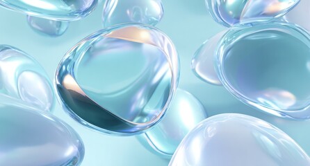 Abstract floating, iridescent, blue/silver glossy bubbles