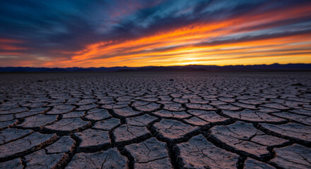Fototapeta premium Landscape of cracked dry earth with dramatic fiery sunset sky and distant mountains - resilience and environmental challenge concept