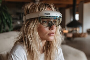 A futuristic image of a woman wearing virtual reality glasses, immersed in a digital world.