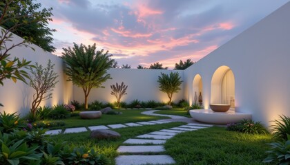 Serene Garden with Arches at Dusk