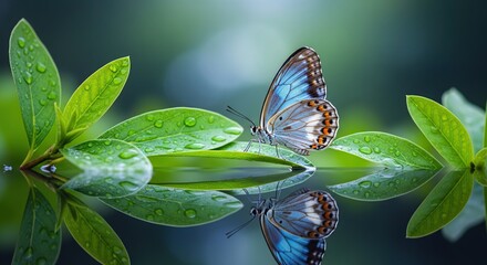 Beautiful blue butterfly perched on wet green leaves with reflection