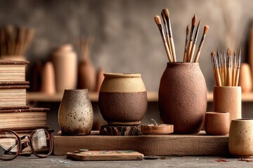 A clay render of a workspace featuring a table adorned with a bunch of books and a vase, creating a cozy and creative atmosphere.