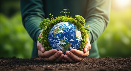 Hands holding a small green planet with growing plants and trees