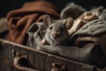 A cute small mouse sitting inside a wooden box, looking curious and alert.