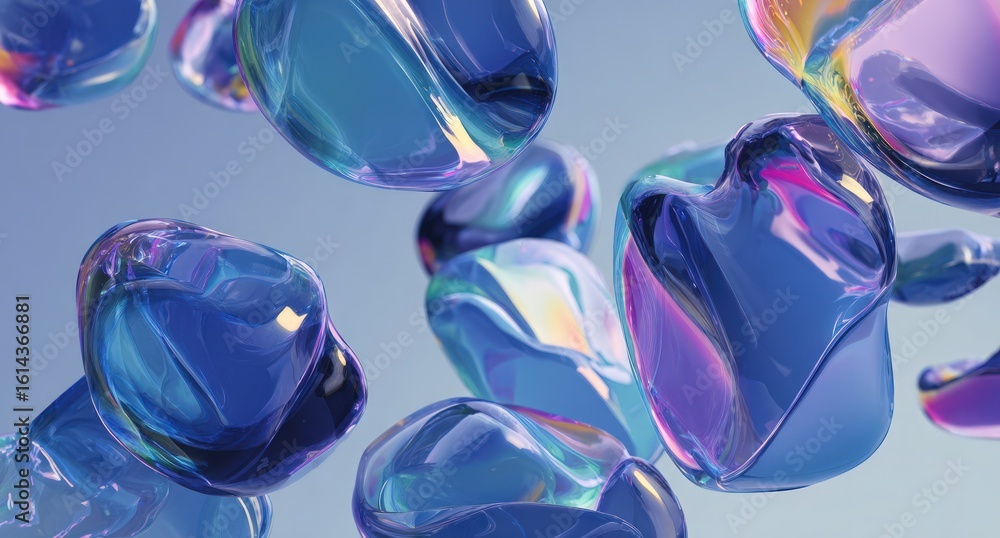 Poster iridescent liquid blobs float in light blue gradient