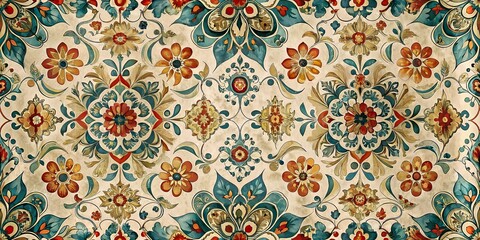 Vintage ceramic tile background featuring colorful floral art designs. Patterned wall and floor tiles with oriental-inspired motifs, perfect for kitchen or bathroom decor