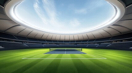 Fototapeta premium Modern Tennis Stadium Interior with Clear Sky and Bright Grass