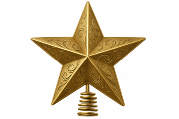 Golden christmas star tree topper with transparent background is shining