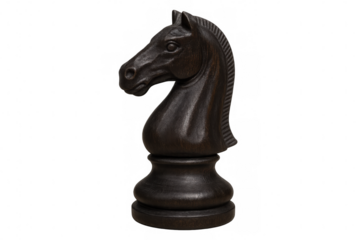Dark wooden knight chess piece standing on transparent surface, symbolizing strategic thinking and tactical power in game of chess