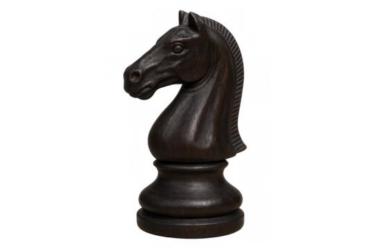 Dark wooden knight chess piece standing on transparent surface, symbolizing strategic thinking and tactical power in game of chess