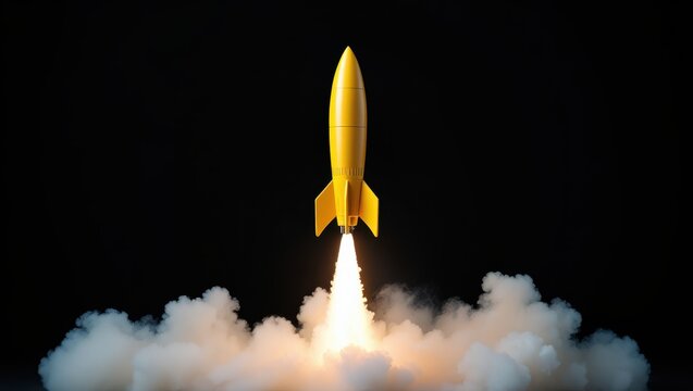 Yellow rocket launching into the night sky with bright exhaust and smoke