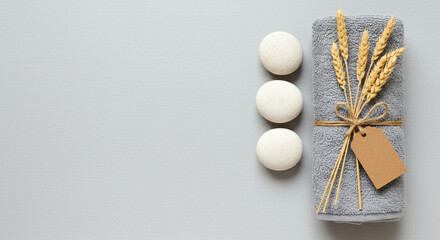 Spa and wellness flat lay with rolled grey towels, smooth stones, and wheat stalks with blank tag, isolated on light grey background, copy space - natural relaxation and self-care concept