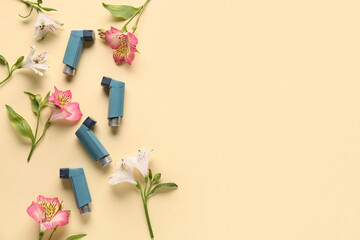 Asthma inhalers with alstroemeria flowers on beige background