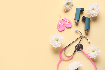 Asthma inhalers with stethoscope, lungs figurine and chrysanthemum flowers on beige background