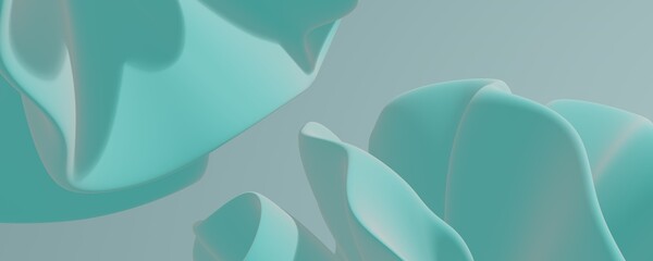 Smooth, abstract shapes in shades of teal and turquoise fill the frame, creating a flowing