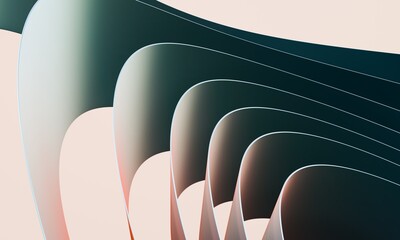 Curved, overlapping arches form a fluid pattern in soft hues of pink, blue, and gray. The shapes taper and flow