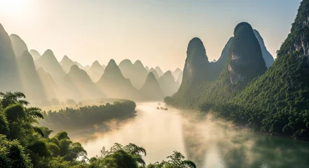 Crédence de cuisine Guilin Stunning panoramic view of the Li River winding through the karst mountains of Guilin, China under a blue sky with scattered clouds.  © tuelekza