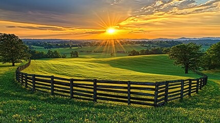 Fototapeta premium Rolling green field at sunset with wooden fence and radiant sunlight