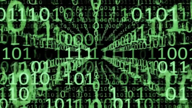 Black and green binary code background, moving digits, digital age concept, algorithm data, decryption and encoding, matrix-style animation.