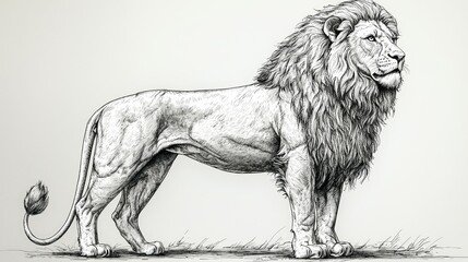 Detailed black and white drawing of a majestic lion