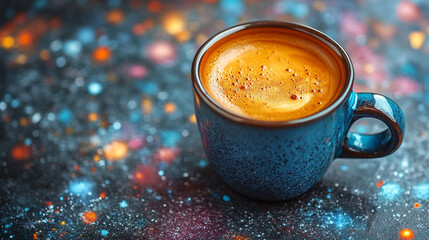 Espresso in a blue mug, cosmic background, drink, relaxation