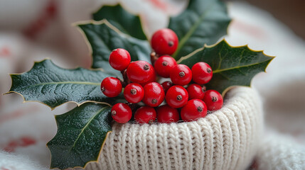 Festive holly berries nestled in a knit sweater, holiday detail