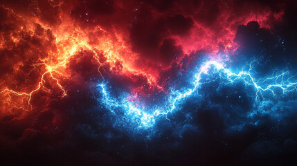 Fiery and icy storm clouds with lightning, abstract background