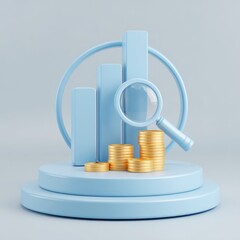 Growth concept money stacks & bar graph with magnifying glass