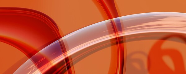 Curved, translucent bands in shades of red and orange intersect against a solid orange backdrop