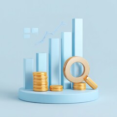 3D growth graph, coins, magnifying glass, light blue scene