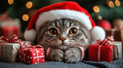 Festive cat in Santa hat with Christmas gifts, holiday backdrop