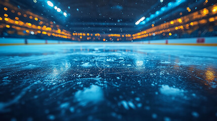 Empty ice rink, winter night, blurred spectators, arena