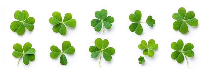 Ten vibrant green shamrocks isolated against a white background