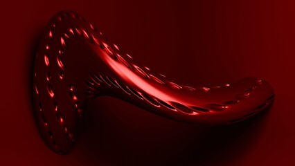 A glossy, swirling abstract form with a metallic appearance stands out against a dark red background
