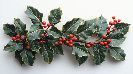 Festive holly sprigs on white background