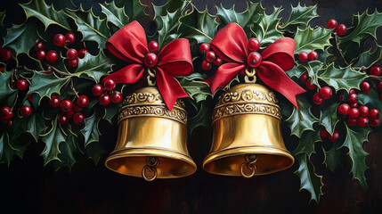 Festive gold bells with holly and red ribbons
