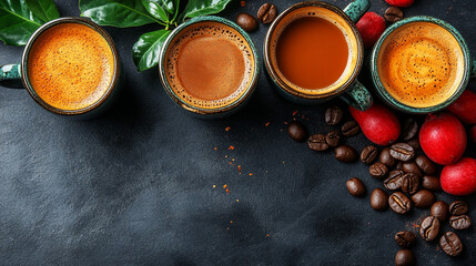 Espresso coffee cups, dark stone background, coffee beans, spices, and berries