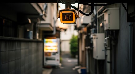 Urban Surveillance: A CCTV Camera Watches Over a Narrow Backstreet in Japan,Capturing a Moment of Vigilance: Close-Up of a Yellow Security Camera in a Japanese Alleyway