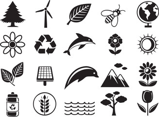 Silhouette Nature & Environment Icons Set on White Background  Eco, Green, Recycle, Minimal Design Vector Pack