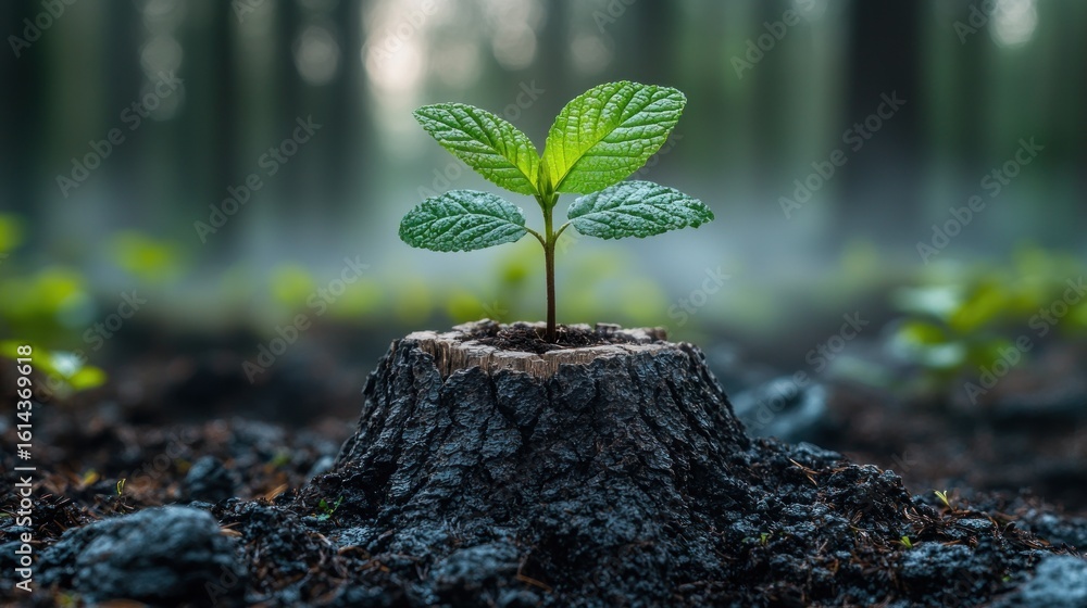 Poster sapling grows from old tree stump in a misty forest setting