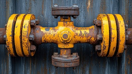 Rusty, yellow industrial pipe connection on gray metal backdrop