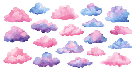 Watercolor pink and blue clouds set. Decorative elements for baby party, room, nursery. Cartoon magical vector children decor